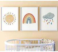 Eviepops Prints Arco iris nube lluviosa sol, Set de 3 Láminas Sin Marco, Decoración infantil, Arte de estilo boho, Decoración de habitaciones de bebé, Póster para habitación de juegos (A3)
