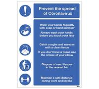 Evita la propagación del signo del coronavirus - lava las manos, usa tejidos, usa papelera, mantiene una distancia segura… Signo de PVC semirrígido (300 x 400 mm)