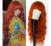 EVLYNN Peluca con flequillo, pelucas onduladas naranjas para mujer, de fibra sintética de 26 pulgadas de largo, rizada, marrón, sin pegamento, a máquina, sin encaje frontal