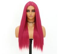 EVLYNN Peluca de color rosa intenso, con encaje frontal, sedosa, lacia, para mujer, larga, rizada, rosa fucsia, con flequillo, fibra sintética natural, sin pegamento, para uso diario, fiesta, cosplay