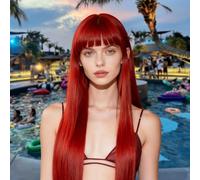 EVLYNN Peluca roja con flequillo, gorra de peluca recta para mujer, sintética, color borgoña, pelucas rojas largas y rectas para mujeres de moda, peluca sin encaje para fiestas diarias, cosplay, 26