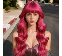 EVLYNN Peluca rosa intenso para mujer, peluca larga rizada con flequillo, fibra sintética ondulada natural, sin pegamento, para uso diario, fiesta, cosplay