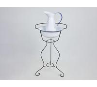 Evocalo Conjunto Decorativo Vintage con Palangana y Jarra Esmaltadas - con Soporte de Forja, Altura Total 81 cm