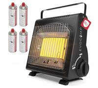 EVOCAMP mini calefactor de gas butano, calefactor portátil para camping de 1,7 kW, calefactor de cerámica para uso en exteriores con sensor de agotamiento de oxígeno, con 4 cartuchos de gas