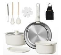 EvoFar juego de ollas de acero inoxidable, juego de sartenes de 14 piezas, cerámica juego de cocina con mangos desmontables, sartén 24 cm, olla 18/20 cm, juego de ollas apilable para todo tipo de