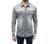 Evoga Camisa vaquera para hombre de algodón Denim Casual Slim Fit gris L