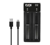 Evox Energy Cargador Accus USB-C - Doble ranura para baterías recargables Li-ION - Compatible 18650, 18490, 18350, 18500, 17500, 14500, 20700, 21700, 26650 - Carga rápida con seguridad inteligente