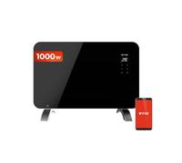 EVVO Convector C1000 Cristal Negro - Calefactor Bajo Consumo de 1000W, Radiador Electrico Bajo Consumo, Calefactor Baño con Pantalla Táctil, Wifi, App Móvil, Mando, Suelo o Pared, Google Home, Alexa