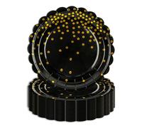 EVYIENEN 50 platos de papel de feliz cumpleaños, desechables de 7 pulgadas, platos de pastel de cumpleaños con lunares negros y dorados, postres festoneados para decoraciones de fiesta
