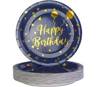 EVYIENEN 50 platos de papel Happy Birthday azul y dorado, 17,8 cm, platos de fiesta de papel de aluminio dorado, juego de platos de postre desechables, platos de papel para cumpleaños, fiestas de