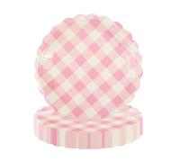 EVYIENEN - Platos desechables de cartón de gingham rosa, 50 unidades, 17,8 cm, platos de cartón a cuadros para fiestas, vajilla para tartas, ensaladas, frutas y platos decorativos desechables para
