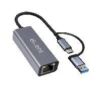Ewent Adaptador Ethernet USB-C a RJ45 Gigabit 1000 Mbps con adaptador USB-A incluido, cable de 15 cm, diseño de aluminio compacto, Plug & Play para PC, portátil y tableta, Windows, macOS, Linux