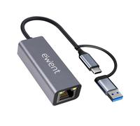 Ewent Adaptador Ethernet USB-C a RJ45 Gigabit 1000 Mbps, USB-C y USB-A, Cable de 15 cm, Carcasa de Aluminio compacta, Plug & Play para PC, portátil y Tablet, Windows, macOS, Linux, ChromeOS
