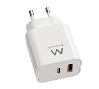 Ewent Cargador USB C, Cargador Rápido GAN Fast 20W, 2 Puertos USB-C PD + USB-A QC3.0, Adaptador de Alimentación USB Multi Carga Rápida para iPhone/iPad/Tablet/Smartphone, Diseño Compacto, Blanco