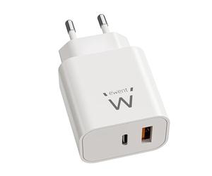 Ewent Cargador USB C, Cargador Rápido GAN Fast 20W, 2 Puertos USB-C PD + USB-A QC3.0, Adaptador de Alimentación USB Multi Carga Rápida para iPhone/iPad/Tablet/Smartphone, Diseño Compacto, Blanco