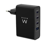 Ewent Cargador USB-C GAN 100W de 4 Puertos, 3 USB-C Power Delivery PD 3.0 y Quick Charge 4+, 1 USB-A QC 3.0, Cargador Rápido para Portátil, Tablet y Smartphone, Negro