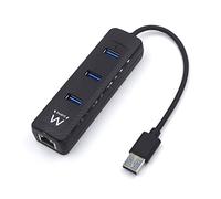 Ewent EW1140 Hub USB 3.0 de 3 Puertos y 1 Puerto LAN Gigabit RJ45 10/100/1000 para Utrabooks, Notebooks y PCs de sobremesa, Negro