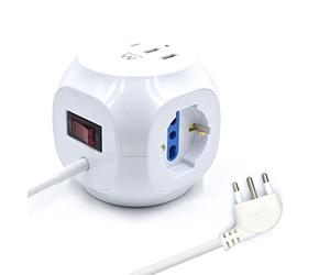 Ewent EW3860 - Regleta Cubo de 3 Posiciones con 2 Cargadores USB y 1 Cargador USB-C, con Enchufe Italiano 16A, Blanco
