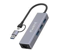 Ewent Hub USB 4 en 1 con Doble Conector USB-C/USB-A, Adaptador USB 3.2 Gen 1 con 3 Puertos USB-A y Ethernet Gigabit, 5 Gbps + LAN Cableada para Portátil, PC y MacBook (15 cm)