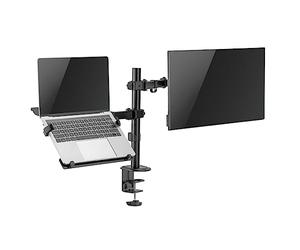 Ewent Soporte para Monitor y con Bandeja para Portátil, Soporte con AbrazaderaPantallas de LED LCD de 13-27 Pulgadas y Ordenador hasta 15,6",Ajustable en Altura,Inclinable y Giratorio,VESA 75/100mm