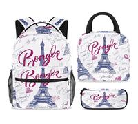 ewndhtse Bonjour Paris Eiffer Tower - Juego de 3 mochilas escolares con bolsa de almuerzo y estuche para lápices, mochila de viaje informal para adolescentes, niñas, niños, primaria, junior, medio, 3