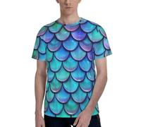 EWQrtyy Camiseta de manga corta con estampado completo de escamas de pez verde azulado de sirena para hombre, ajuste moderno, casual, tela elástica suave, cuello redondo, Negro, L