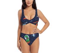 EWQrtyy Divertido bikini de dos piezas para mujer, diseño de astronauta, dinosaurio, cohete, traje de baño con parte superior acolchada extraíble, Negro, XL