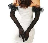 EWUHYFP 2pair Sexy Lace Pearl Black Silk Perspective Thin Wedding Dress Long Gloves Women Sunscreen Sleeves Summer Outdoor Sun Driving Mittens(Black Pearl)