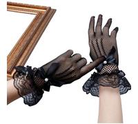 EWUHYFP 4 Pair Bride Stretchy Fishnet Lace Gloves Five-finger Hollowout With Bow Tie Pearls Wedding(Black)