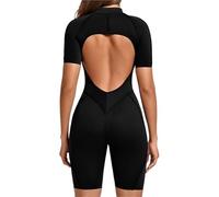 EWUHYFP Body de Pilates for mujer, mono entrenamiento manga corta con espalda descubierta y cremallera, pantalones cortos inferiores, sujetador incorporado, ceñido al cuerpo, Sexy una pieza(Black,L)