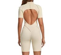 EWUHYFP Body de Pilates for mujer, mono entrenamiento manga corta con espalda descubierta y cremallera, pantalones cortos inferiores, sujetador incorporado, ceñido al cuerpo, Sexy una pieza(Beige,S)