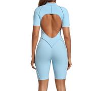 EWUHYFP Body de Pilates for mujer, mono entrenamiento manga corta con espalda descubierta y cremallera, pantalones cortos inferiores, sujetador incorporado, ceñido al cuerpo, Sexy una pieza(Blue,L)