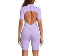 EWUHYFP Body de Pilates for mujer, mono entrenamiento manga corta con espalda descubierta y cremallera, pantalones cortos inferiores, sujetador incorporado, ceñido al cuerpo, Sexy una pieza(Purple,M)