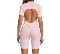 EWUHYFP Body de Pilates for mujer, mono entrenamiento manga corta con espalda descubierta y cremallera, pantalones cortos inferiores, sujetador incorporado, ceñido al cuerpo, Sexy una pieza(Pink,M)