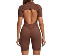 EWUHYFP Body de Pilates for mujer, mono entrenamiento manga corta con espalda descubierta y cremallera, pantalones cortos inferiores, sujetador incorporado, ceñido al cuerpo, Sexy una pieza(Coffee,S)