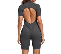 EWUHYFP Body de Pilates for mujer, mono entrenamiento manga corta con espalda descubierta y cremallera, pantalones cortos inferiores, sujetador incorporado, ceñido al cuerpo, Sexy una pieza(Gray,L)
