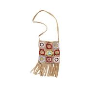 EWUHYFP Bolsos Tejidos Crochet Bolso de mano for mujer con diseño cuadrados abuelita ganchillo, ojales florales, flecos y solapa lateral(Khaki)
