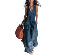 EWUHYFP Mono Mujer Elegante Mono sin mangas de lino y algodón for mujer, pantalones holgados pierna ancha con cuello pico, monos informales for ir al trabajo dos bolsillos, verano(Blue,M)
