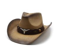 EWUHYFP Sombrero Cowboy Man Cowboy Hats Papyrus Cow Head Decoration Sunburn Protection Distressed Design Caps Retro(Camel)