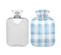 Ewusp Bolsa de agua caliente a cuadros azul claro y blanco con funda, bolsa de agua caliente de 1 litro para aliviar el dolor de cuello, hombros, calambres menstruales, calentador de pies de mano