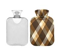Ewusp Botella de agua caliente a cuadros marrón beige con funda, bolsa de agua caliente de 1 litro para aliviar el dolor de cuello, hombros, calambres menstruales, calentador de pies de mano, compresa