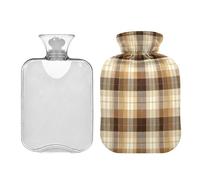 Ewusp Botella de agua caliente a cuadros marrón beige con funda, bolsa de agua caliente de 1 litro para aliviar el dolor de cuello, hombros, calambres menstruales, calentador de pies de mano, compresa