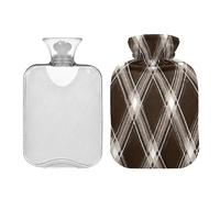 Ewusp Botella de agua caliente a cuadros marrón oscuro y blanco con funda, bolsa de agua caliente de 1 litro para aliviar el dolor de cuello, hombros, calambres menstruales, calentador de pies de mano