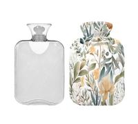 Ewusp Botella de agua caliente con tapa de hojas de acuarela, bolsa de agua caliente de 1 litro para aliviar el dolor de cuello, hombros, calambres menstruales, calentador de manos y pies, compresa