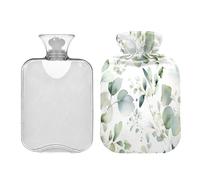 Ewusp Botella de agua caliente con tapa de hojas de acuarela, bolsa de agua caliente de 1 litro para aliviar el dolor de cuello, hombros, calambres menstruales, calentador de manos y pies, compresa