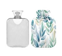 Ewusp Botella de agua caliente con tapa de hojas de acuarela, bolsa de agua caliente de 1 litro para aliviar el dolor de cuello, hombros, calambres menstruales, calentador de manos y pies, compresa