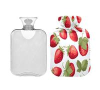 Ewusp Botella de agua caliente de fresa con funda, bolsa de agua caliente de 1 litro para aliviar el dolor de cuello, hombros, calambres menstruales, calentador de manos y pies, compresa caliente y