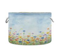 Ewusp Cesta de cuerda de algodón con asas, diseño de flores de acuarela, organizador plegable para guardería, dormitorio y hogar, 20 x 14 pulgadas