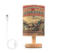 Ewusp Lámpara de mesa de noche retro para motocicleta, para dormitorio, puertos de carga USB C, lámpara de mesita de noche, lámpara LED de escritorio, luz de lectura, base de madera, pantalla de tela