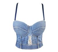 EWYRJYH Denim Destructed Bustier Crop Backless Y2k Trendy Going Out Jeans Corset Top de Mujer(34B/75)